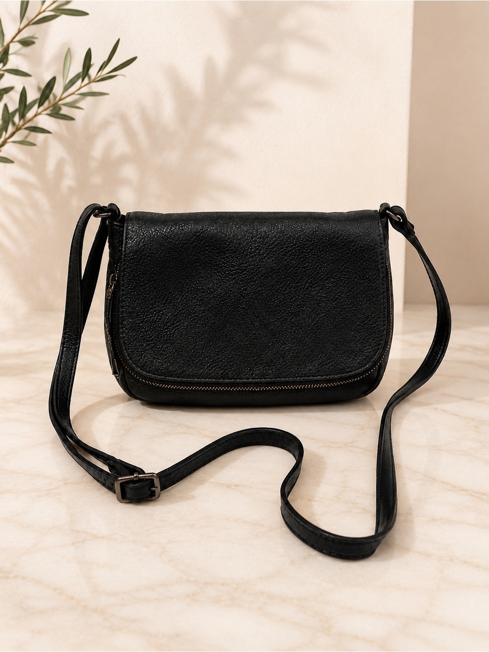 Margot Black Leather Crossbody Bag Flap Front Adjustable Strap Everyday Purse
